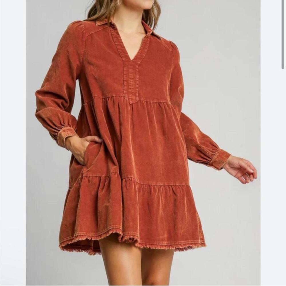 UMGEE Dress MEDIUM Coral Rust Red Corduroy Oversize Prairie Boho Cottage Core